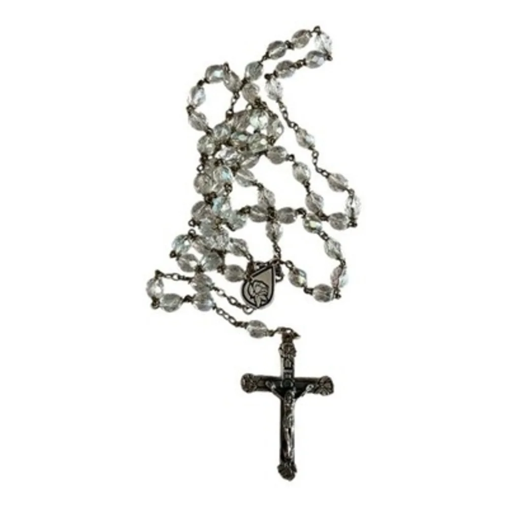 Catholic Clear Bead Rosary Necklace Silver Miraculous Medal Crusifix Cross NIP
